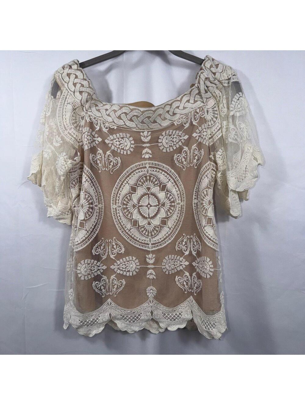 Jen’s Pirate Booty Embroidered Mesh Boho Top Size P/S
